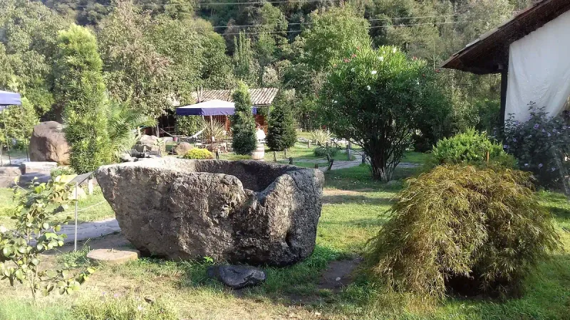 גת אבן מסורתית על מדשאה בחצר בית היין האג׳רי, עם מבנה היקב וגבעות מיוערות מאחור